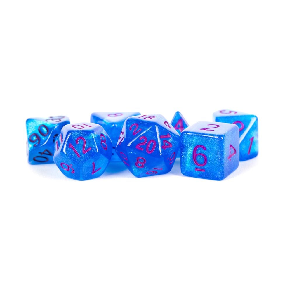 Metallic Dice Games - Polyhedral Acrylic Dice Set 16mm With Purple Numbers - Stardust Blue - Good Games