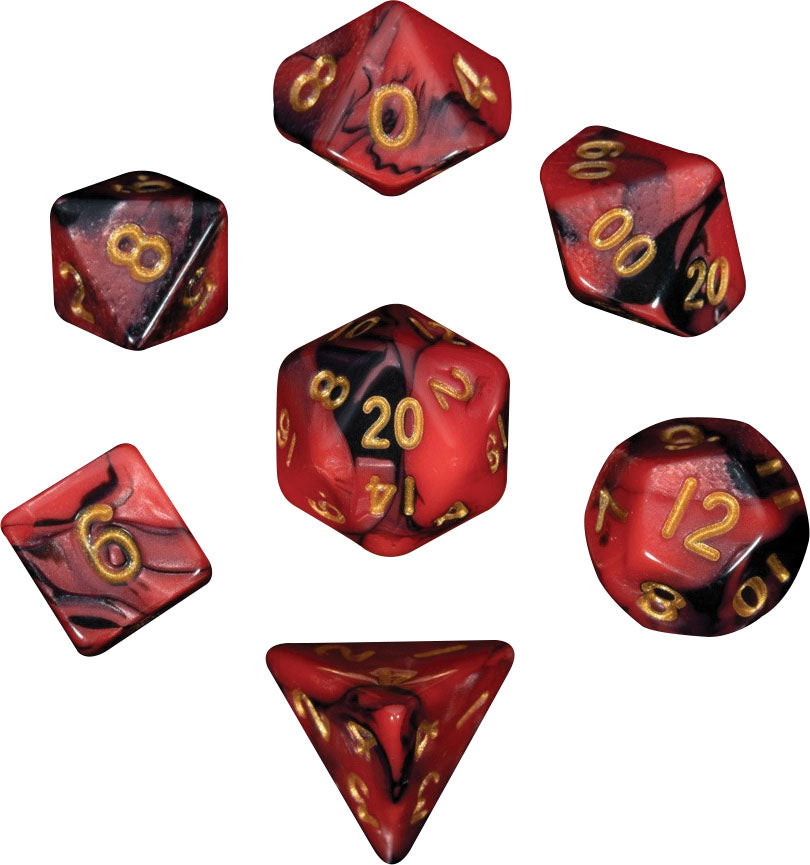 Metallic Dice Games - Mini Polyhedral Dice Set Gold Numbers- Red/Black - Good Games