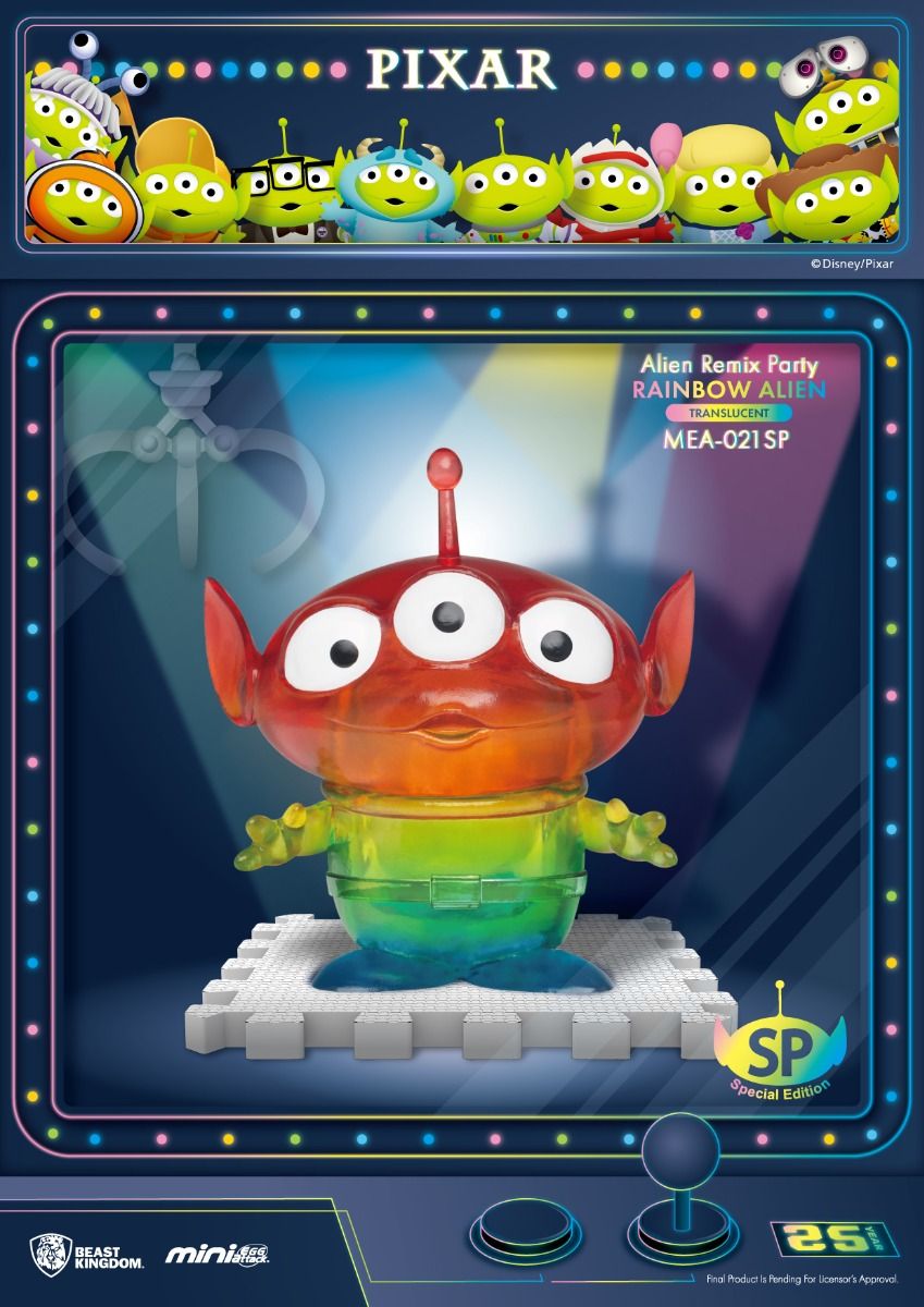 Translucent Alien Remix Party Rainbow Alien figure from Toy Story with a gradient of red orange yellow green blue and purple colors displayed in a faux arcade claw machine cabinet