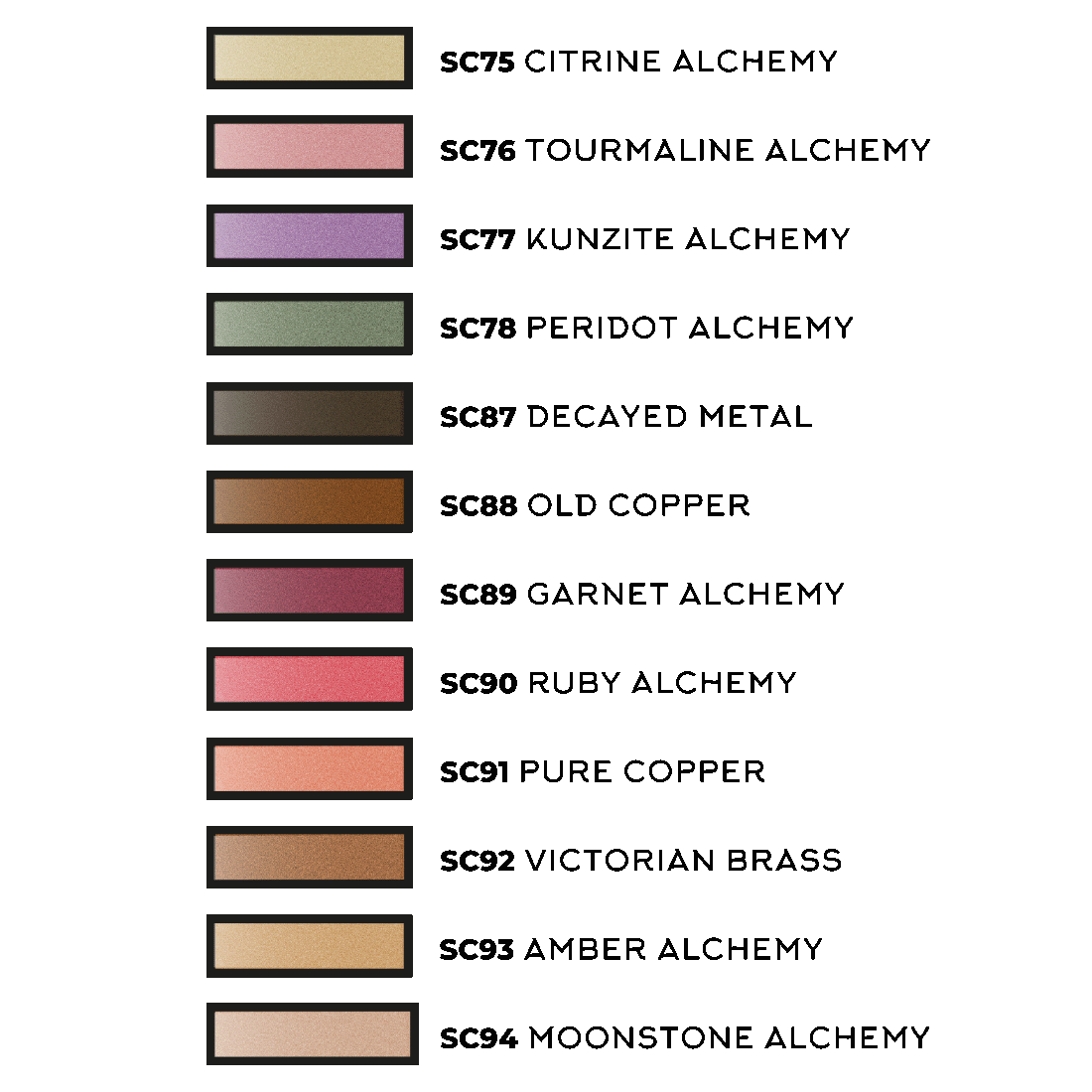 12 rectangular colour swatches with codes and names, including shades of yellow, pink, purple, green, and brown.