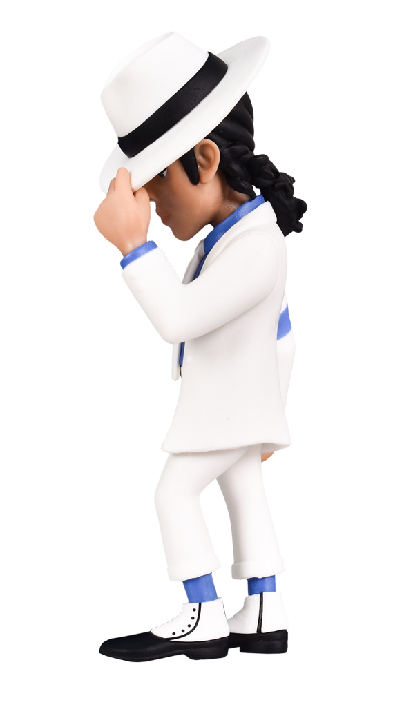 A MINIX Michael Jackson Smooth Criminal figure in a white suit, blue shirt and tie, and white fedora with a black band, shown in profile with his hand on his hat brim, tilting it