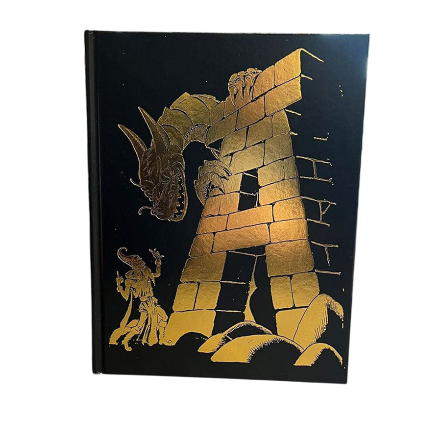Black book cover features gold foil art: a dragon clings to a brick "A" as a robed figure raises arms below