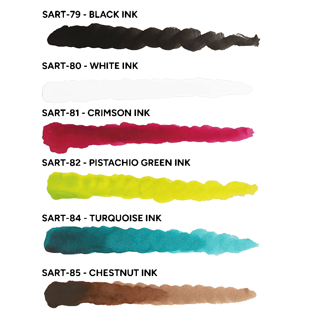 Color swatches for Scale 75 Monster's Ink, displaying black, white, crimson, pistachio green, turquoise, and chestnut ink shades