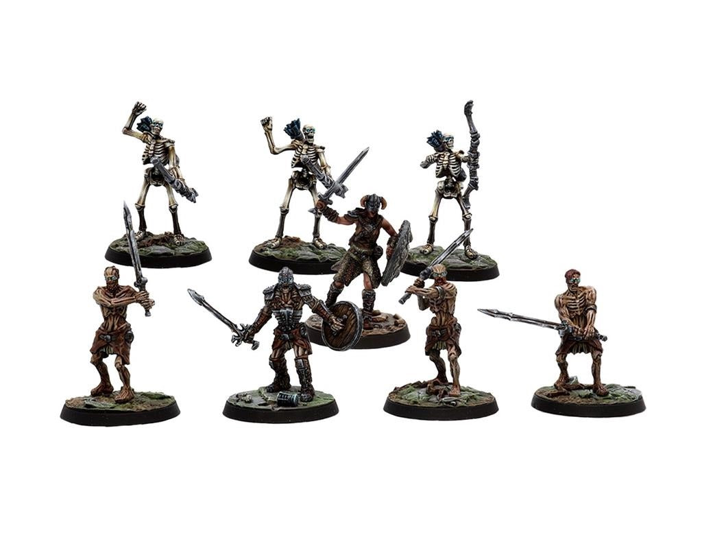 Eight painted Skyrim tabletop miniatures: four skeletons, three draugr, and a horned warrior, all armed for battle