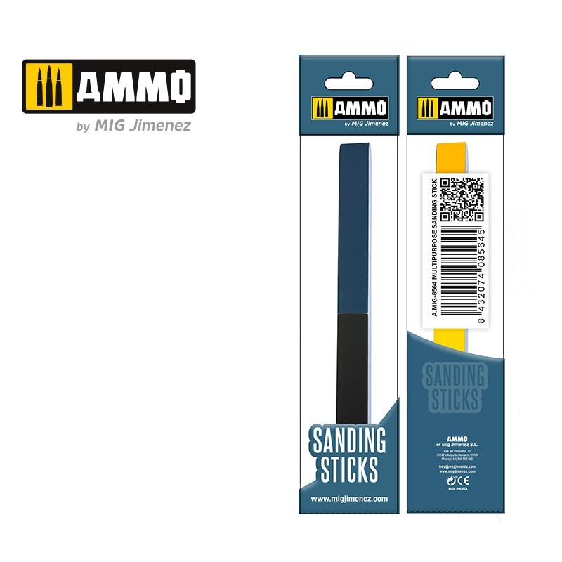 Two packages of Ammo by MIG Jimenez Sanding Sticks, showing blue and yellow tools for model finishing