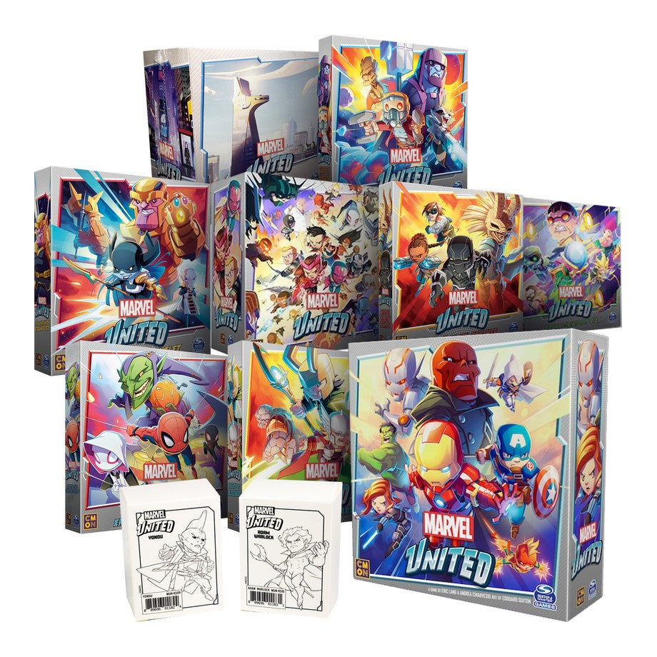 A collection of colorful Marvel United board game boxes, featuring stylized chibi superheroes and villains.