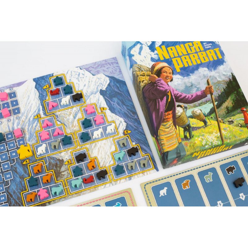 Nanga Parbat board game: Box shows a smiling woman carrying a basket. Game board features colourful meeples on a mountain path