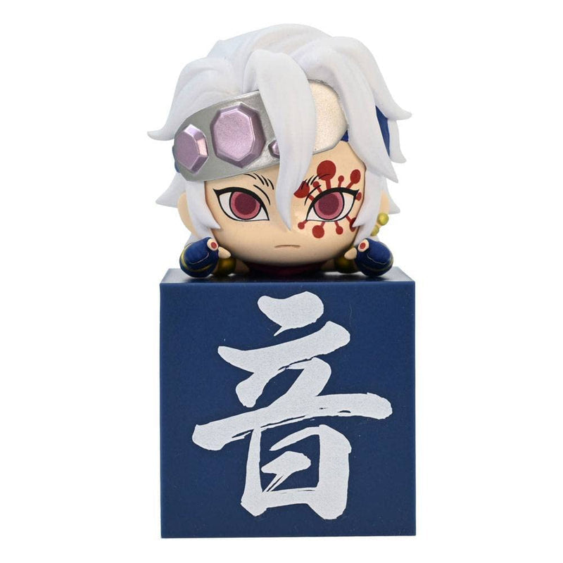 Mini figure of Uzui Tengen from Demon Slayer with white hair and facial markings on a blue base with Japanese characters
