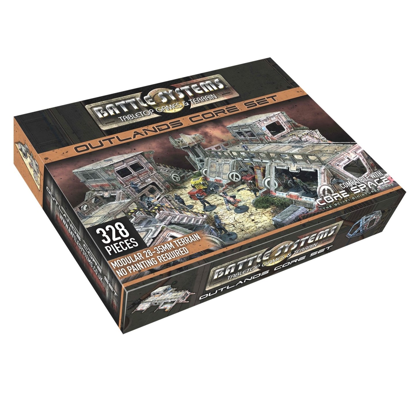 Battle Systems Outlands Core Set box, displaying modular sci-fi tabletop terrain and miniatures in a desolate, futuristic setting.