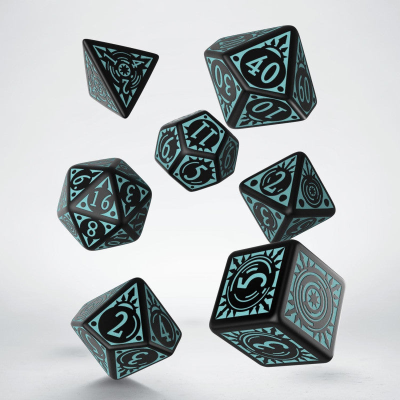 Seven black polyhedral RPG dice with teal numbers and patterns float in mid-air against a light background.