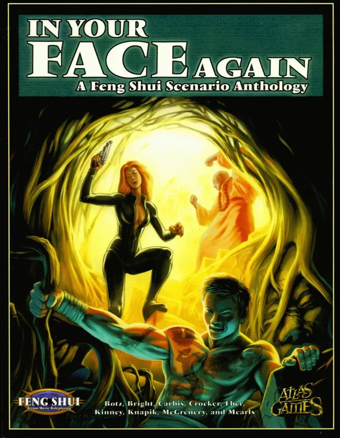 Cover art: Action heroes (woman with gun, shirtless man, monk) fight in a glowing, root-filled cavern. "In Your Face Again" title