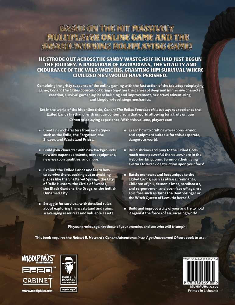 Back cover of Conan: The Exiles Sourcebook RPG, with game description and logos on a dark, abstract, textured background.
