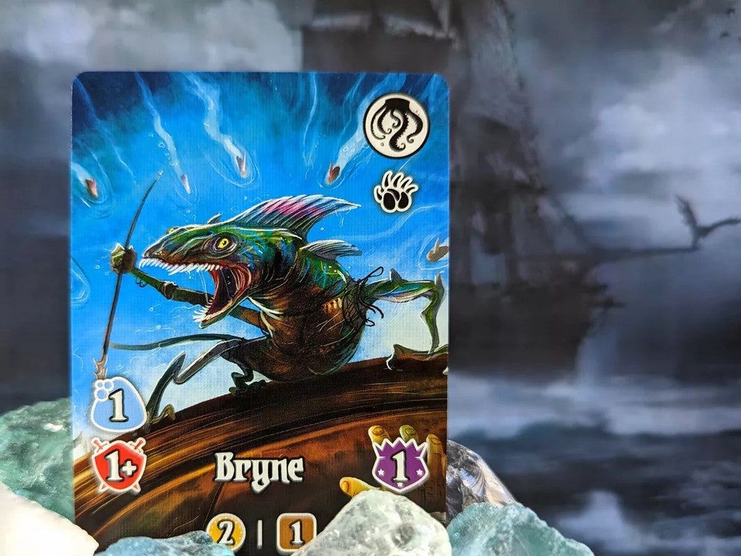 A vibrant trading card "Bryne" features a green, toothy creature holding a spear, a dark pirate ship under a stormy sky is in the background