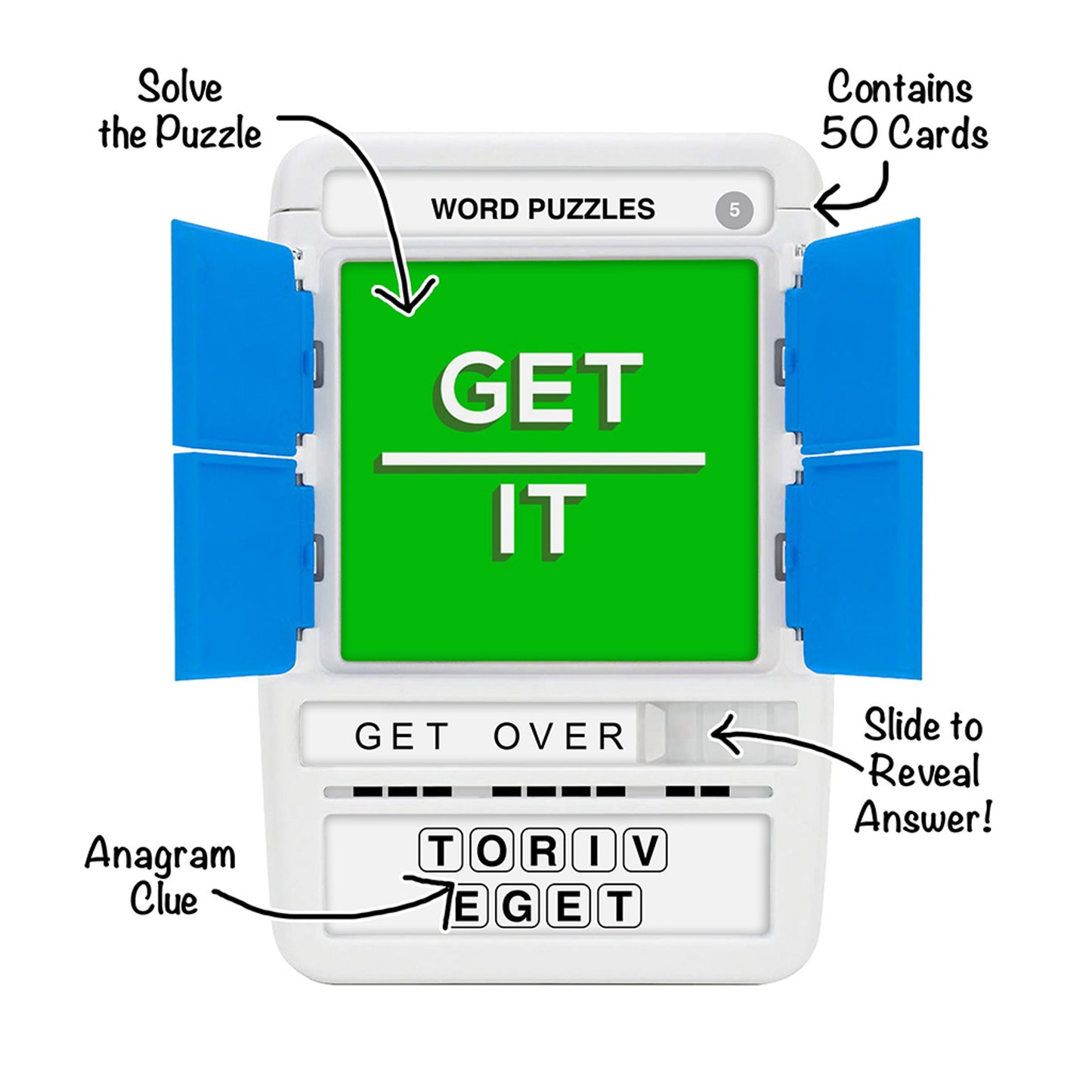 Word Puzzles game device with GET IT shown and GET OVER answer slide includes anagram clues 50 cards