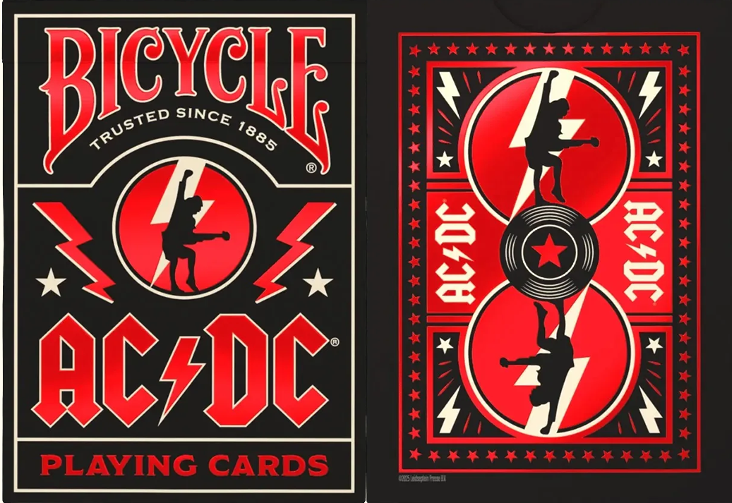Bicycle AC/DC Playing Cards set showing the black and red tuck box and mirrored card back, featuring lightning bolts and a guitarist