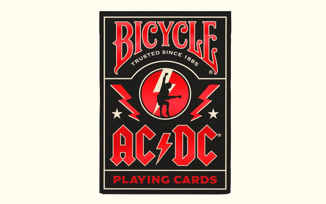 Bicycle AC/DC Playing Cards packaging, featuring the red and black logo and a silhouetted guitarist