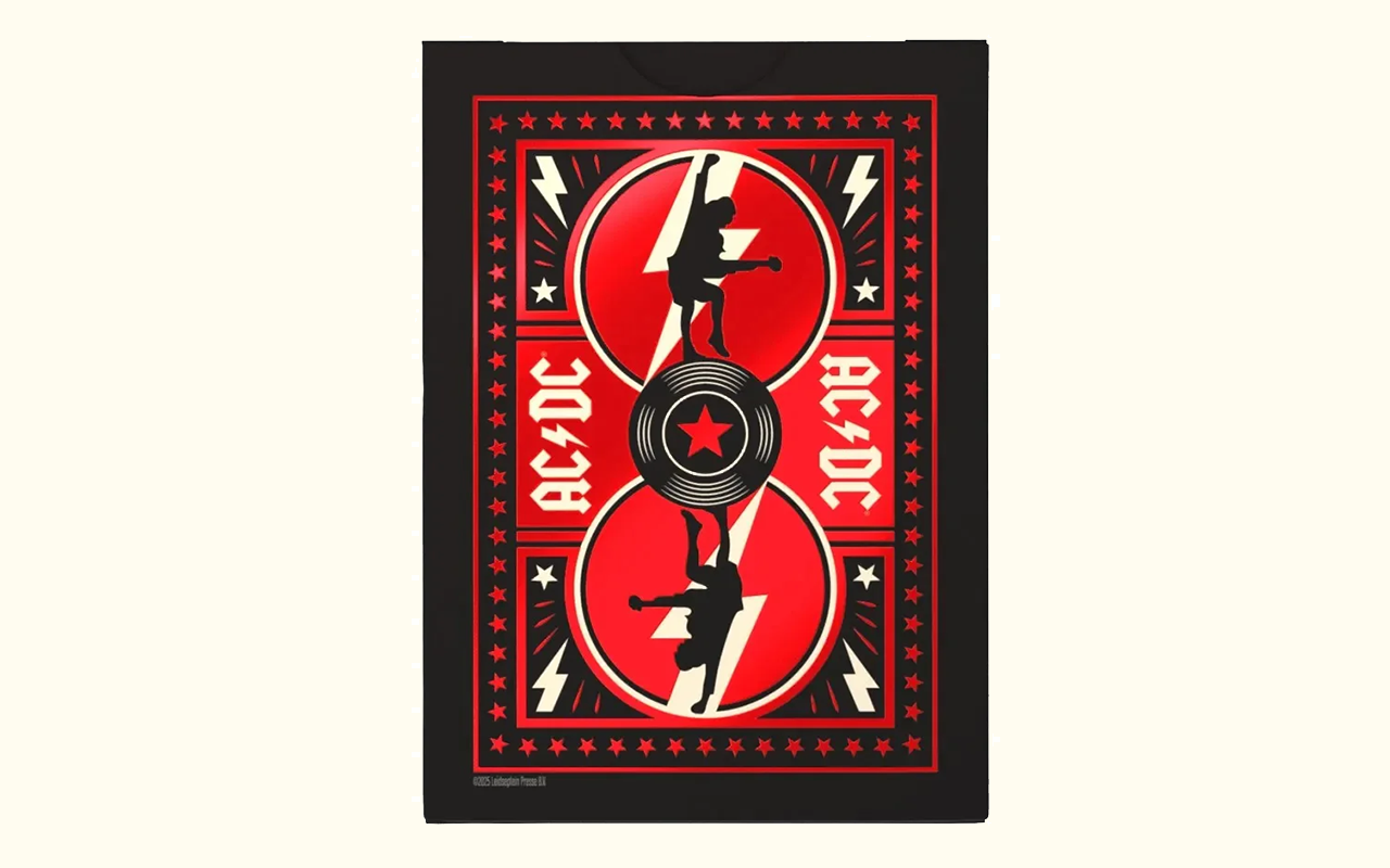 AC/DC playing card tuck box design, black and red, featuring mirrored silhouettes of a guitarist standing on a vinyl record