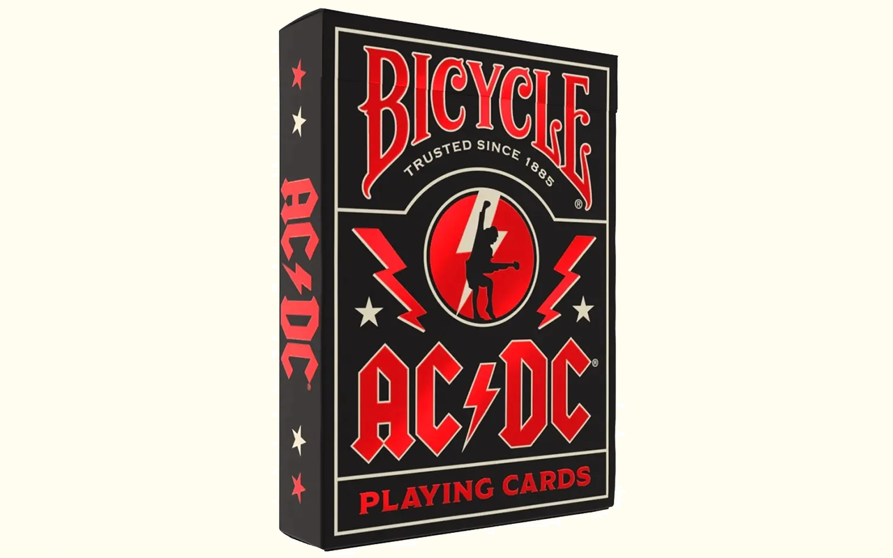 Bicycle AC/DC playing card tuck box, black and red, with band logo and a guitarist silhouette