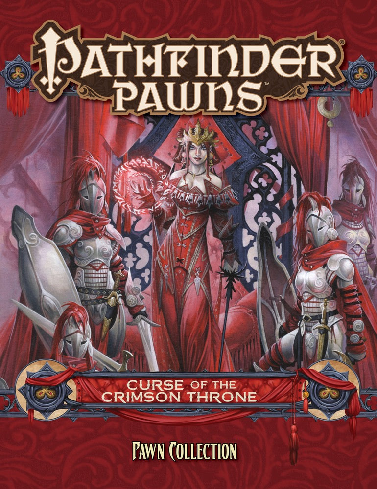 A regal woman in a red gown and crown holds a glowing orb, flanked by armored knights before a throne. Pathfinder Pawns: Curse of the Crimson Throne.