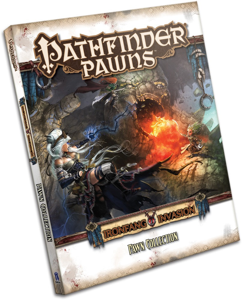Pathfinder Pawns Ironfang Invasion box art: White-haired mage casts blue spell at a monstrous stone creature.
