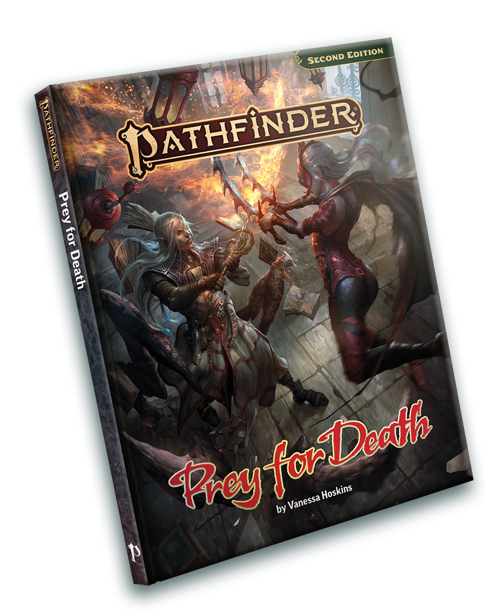 The Pathfinder Prey for Death book cover depicts two warriors, one with white hair and another in red, battling with glowing weapons amidst a fiery, ruined setting