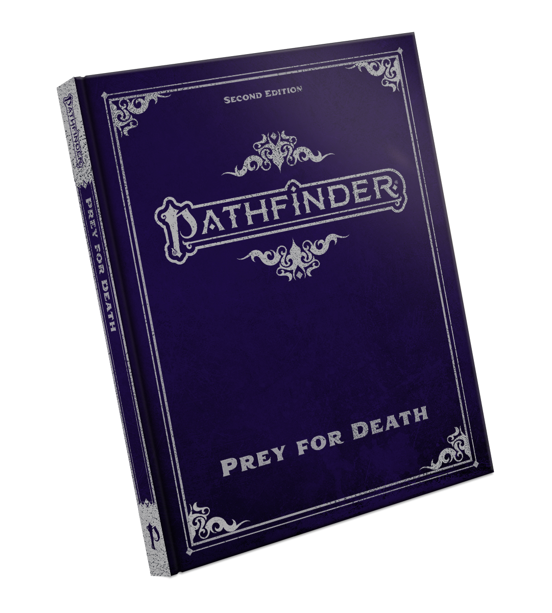 Dark purple Pathfinder 2E: Prey for Death RPG book with silver ornate text and borders, standing