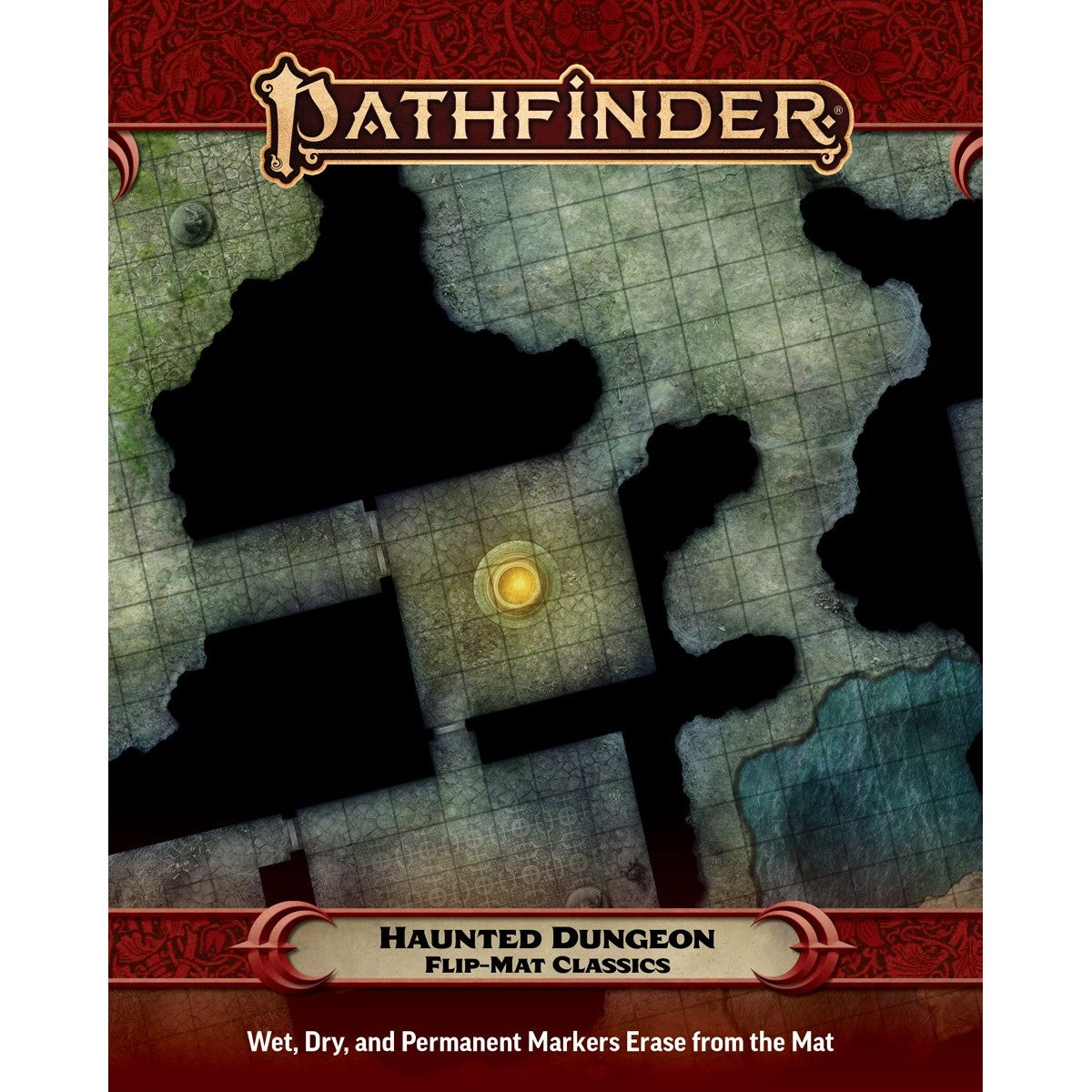 Pathfinder Haunted Dungeon Flip-Mat Classics. Grid map with dark unexplored areas and a central glowing orb.