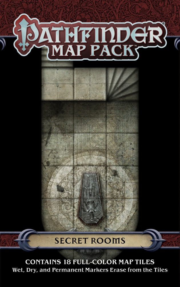 Pathfinder Map Pack Secret Rooms cover displaying a dungeon map with stone tiles, a spiral staircase, and a sarcophagus on a circular pattern
