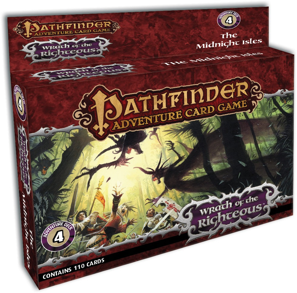 Box for Pathfinder Adventure Card Game: Wrath of the Righteous, The Midnight Isles. Heroes fight flying demons in a jungle