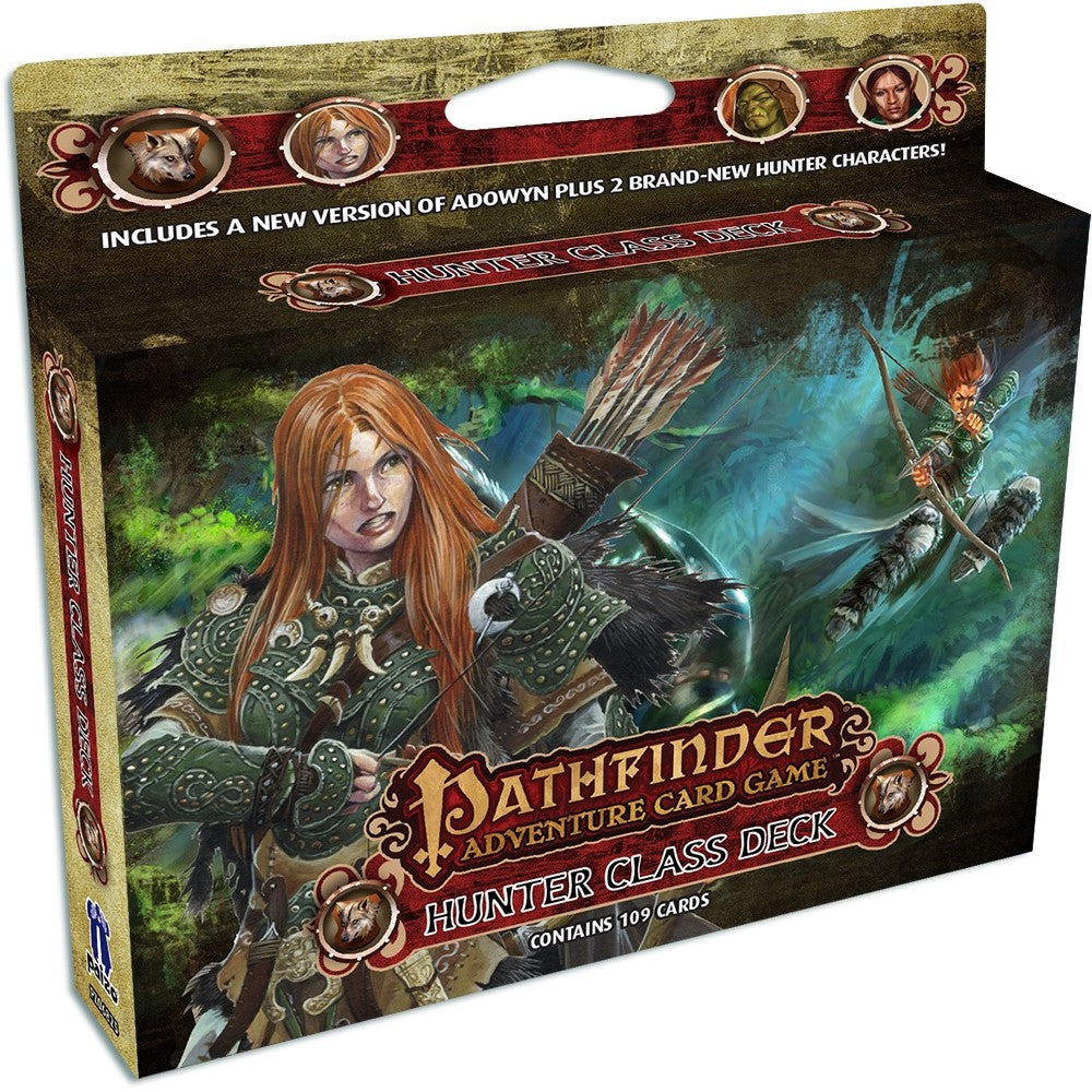 Pathfinder Adventure Card Game Hunter Class Deck box, determined red-haired female hunter with bow and quiver, set in a lush fantasy forest