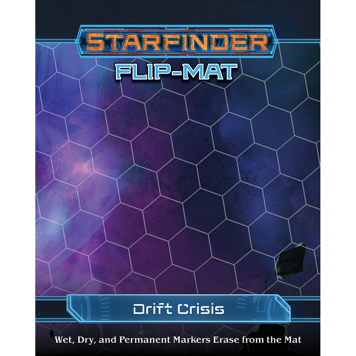 Starfinder Flip-Mat: Drift Crisis. Hex grid map with a purple cosmic nebula and dark asteroid
