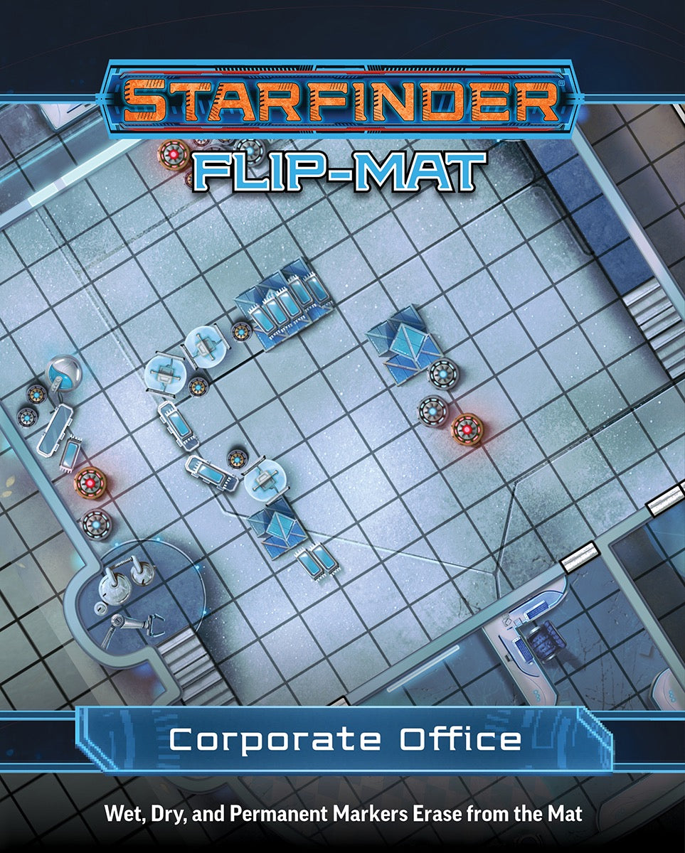 An overhead view of a Corporate Office Flip-Mat depicting a futuristic office interior with a grid floor, modular furniture, and glowing tokens for a role-playing game