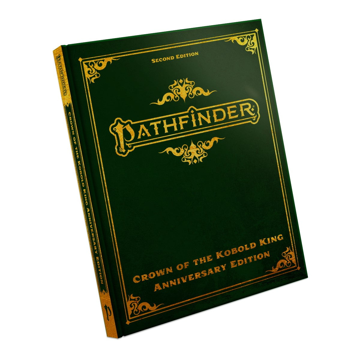 A dark green Pathfinder Second Edition Crown of the Kobold King Special Edition Book with ornate gold lettering and borders on its cover and spine