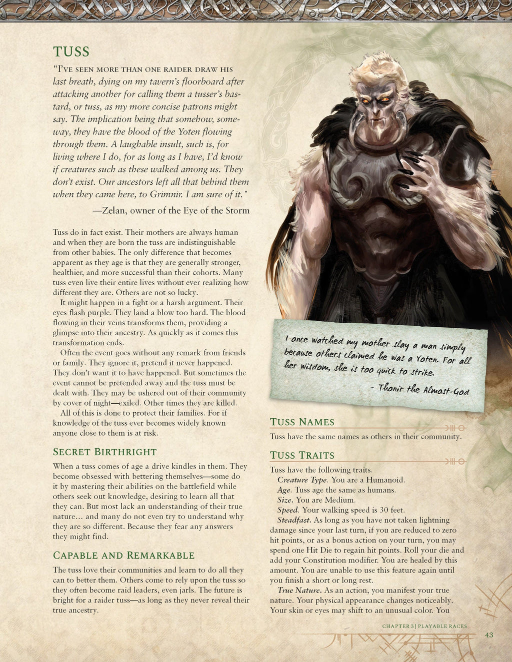 A fierce, pale-skinned fantasy creature with fangs, glowing yellow eyes, dark fur, and sharp claws stares intensely
