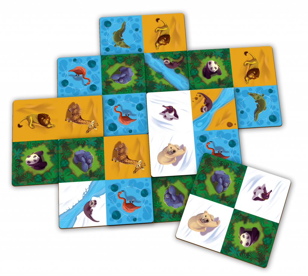 Interlocking square game tiles depicting various animals like lions, penguins, and gorillas in diverse habitats