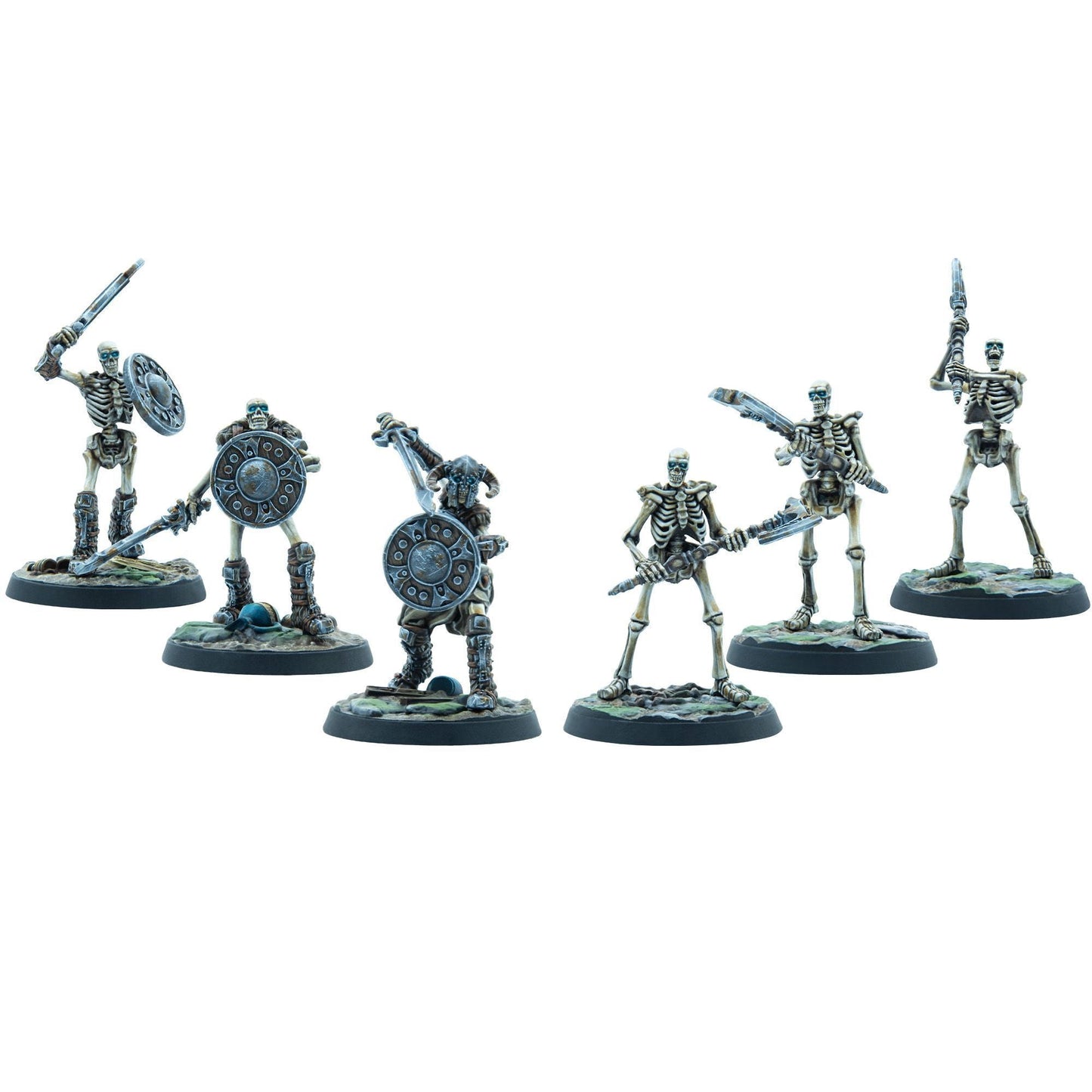 Six skeleton warrior miniatures with swords, shields, and axes, posed for battle on a white background
