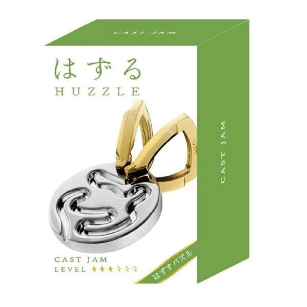 Cast Jam Huzzle metal disentanglement puzzle, featuring silver and gold pieces, displayed on its green box
