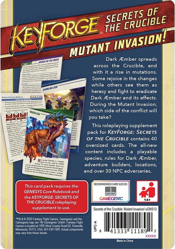 Box back showing roleplaying supplement for Keyforge Secrets of the Crucible Mutant Invasion with card examples and product information