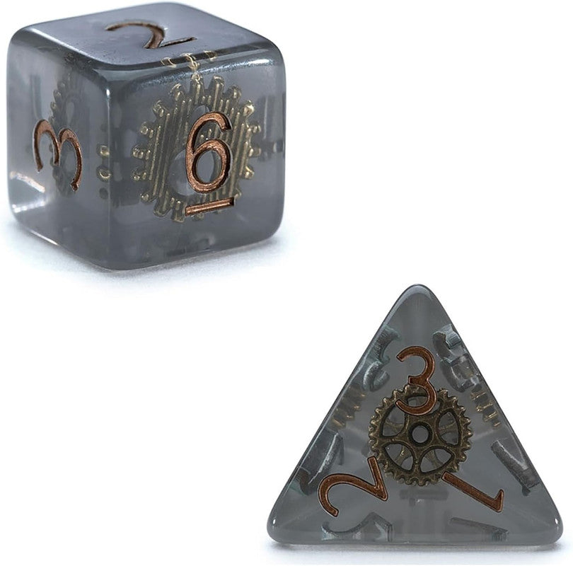 Translucent smoky grey D6 and D4 dice with copper numbers and intricate steampunk gear designs
