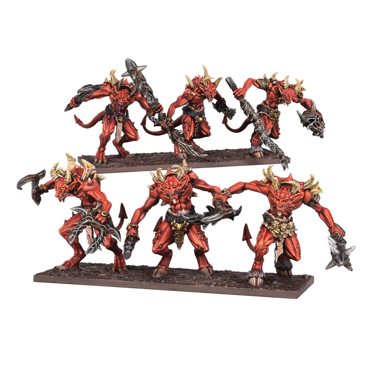 Six detailed, red, horned demon wargaming miniatures in aggressive poses, wielding diverse weapons