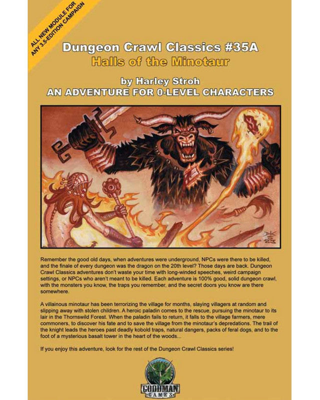 Dungeon Crawl Classics #35A: Halls of the Minotaur RPG module cover, a fierce minotaur fights a female warrior and a spellcaster with a flaming staff in a dungeon