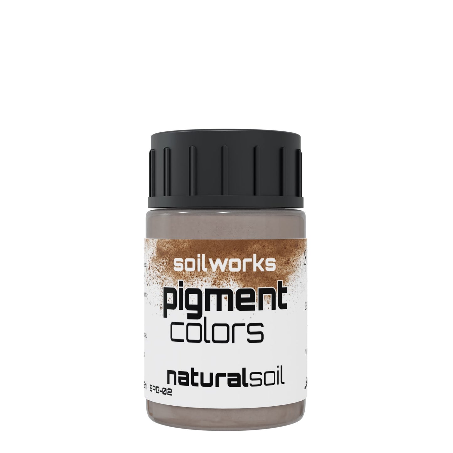 A clear 35ml bottle of Scale 75 Soilworks Natural Soil pigment powder, featuring a dark grey ribbed screw cap and a white label with brown pigment splatters