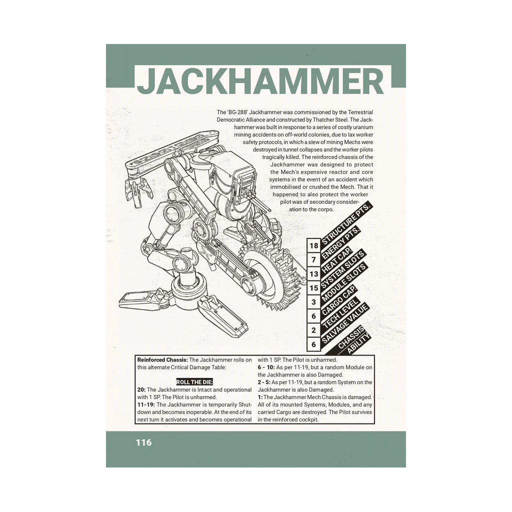 Line art diagram of the Jackhammer industrial Mech, featuring large tracks, articulated arms, and a circular cutting wheel