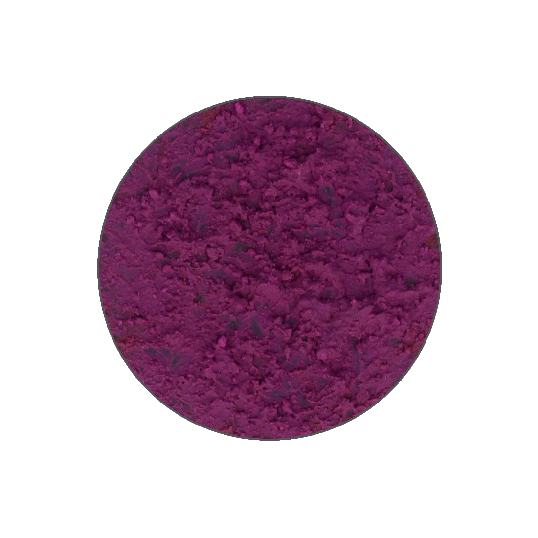 A circular, deep purple powder with a coarse texture.