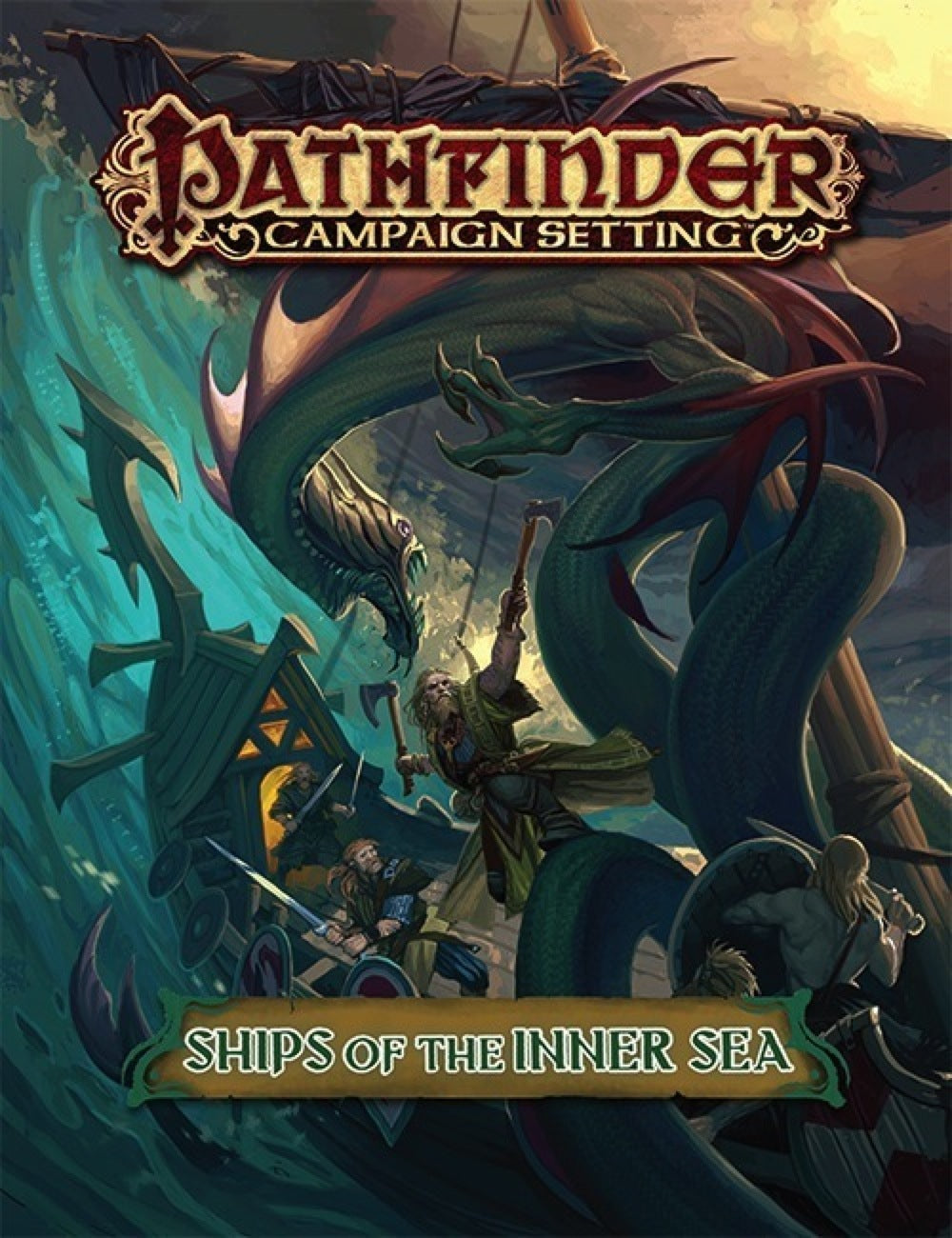 Pathfinder 'Ships of the Inner Sea' cover: Warriors battle a giant sea serpent attacking a Viking longship on choppy waters