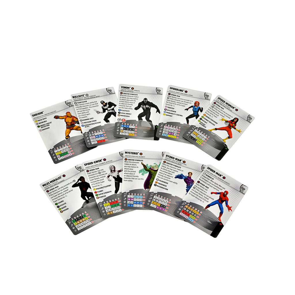Marvel character game cards, including Spider-Man, Venom, and Mysterio, fanned out on a white background