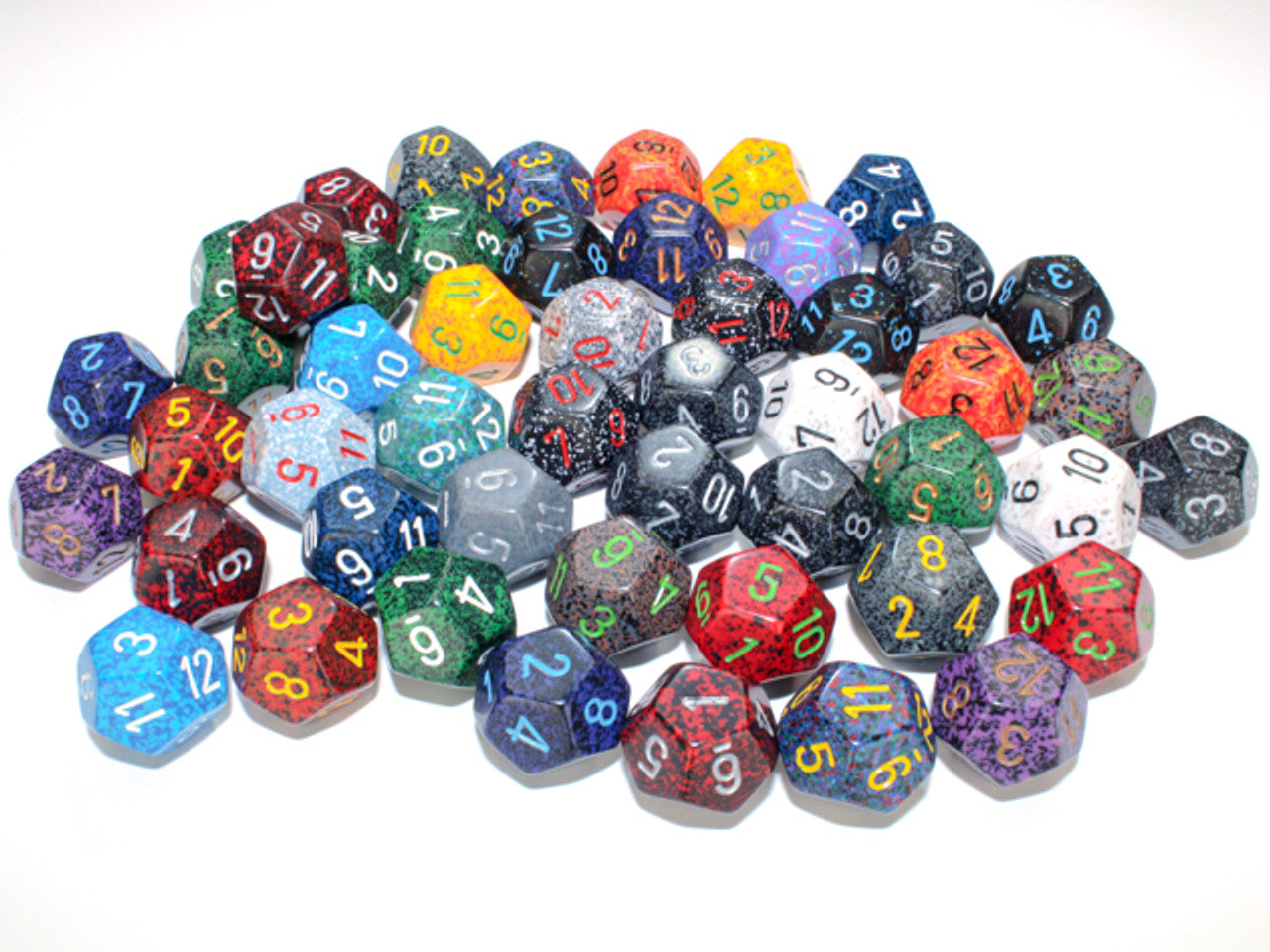 A pile of colorful, numbered 12-sided dice on a white background.