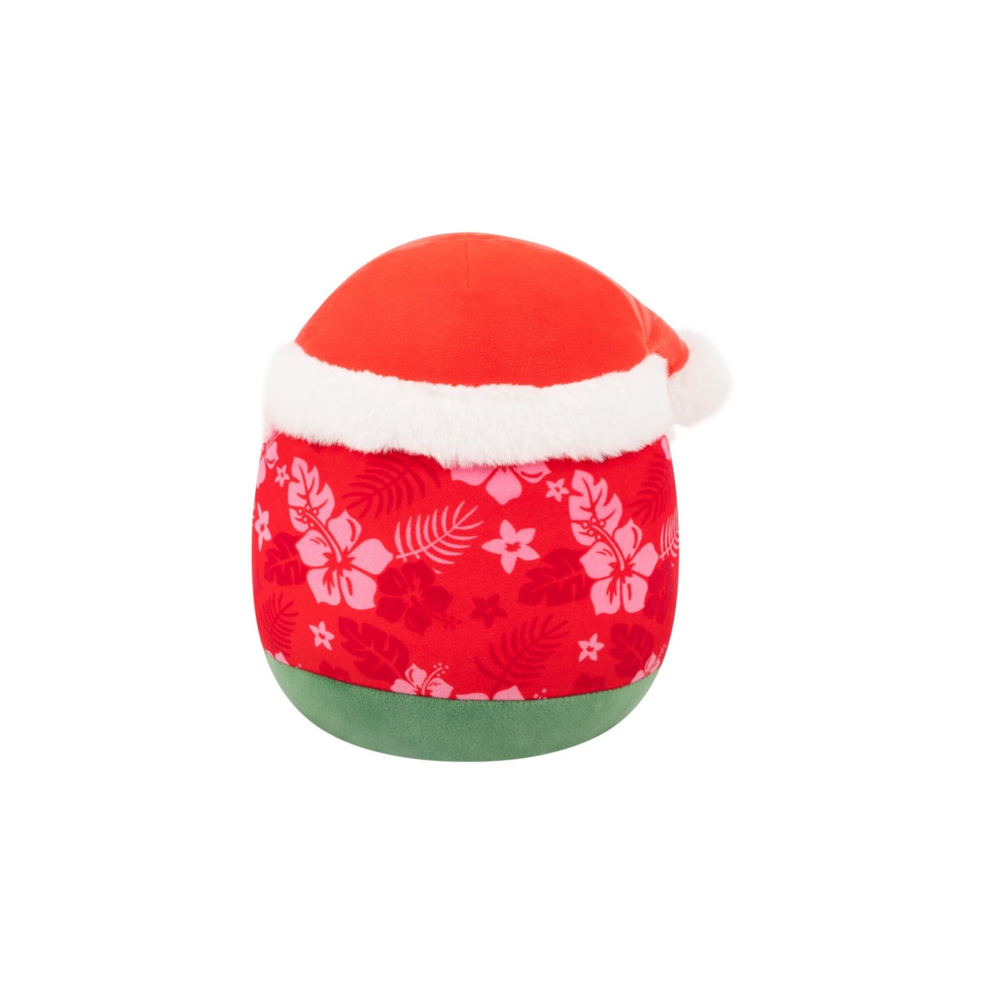 Round plush toy with Santa hat, tropical red body pattern and green base