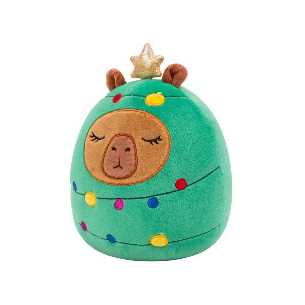 Plush llama toy in a green Christmas tree costume with string lights and a gold star on top