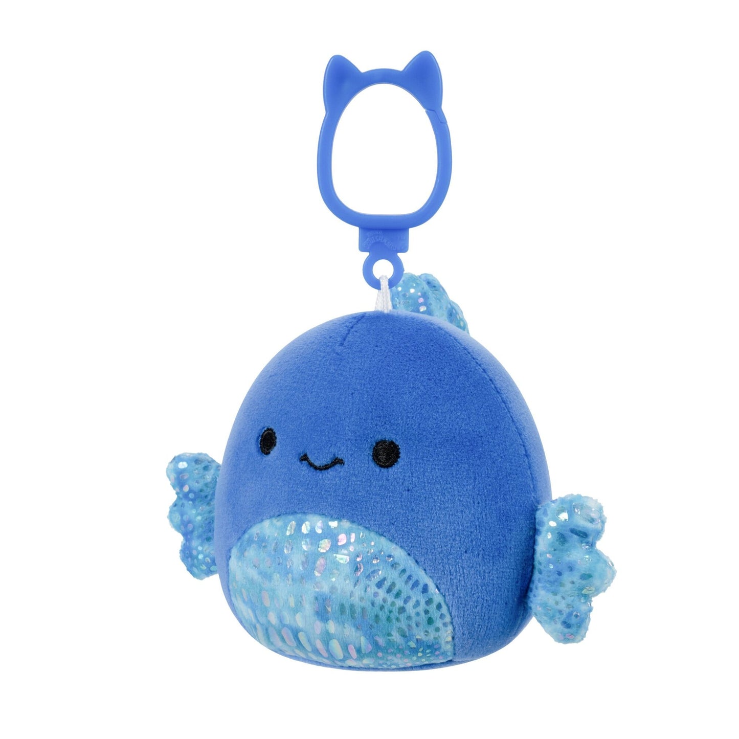 Smiling blue plush whale keychain with sparkly belly and fins, attached to a blue cat-ear clip